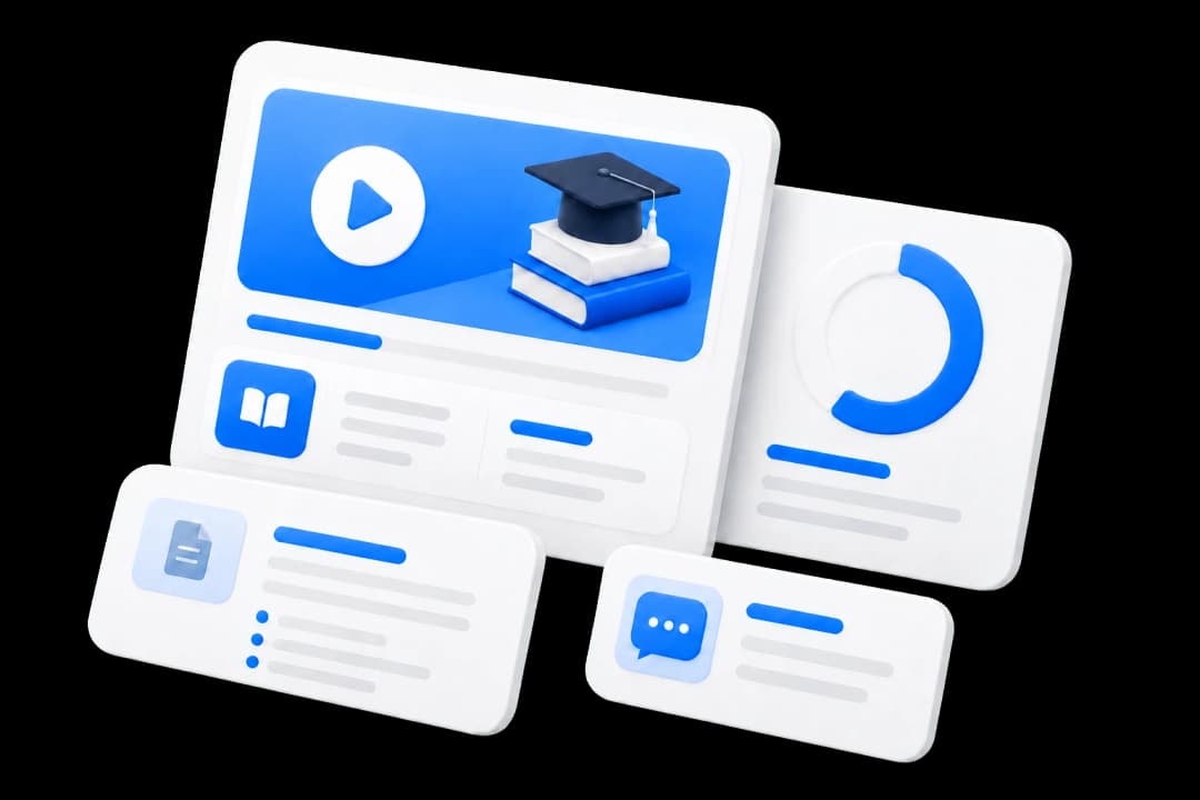 Floating course, progress, materials, and student service panels